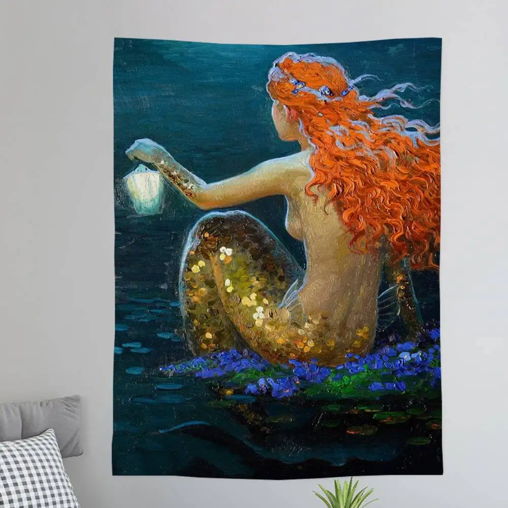 

Настенный гобелен «Русалка» в стиле хиппи с цветочным узором, декор для общежития и дома