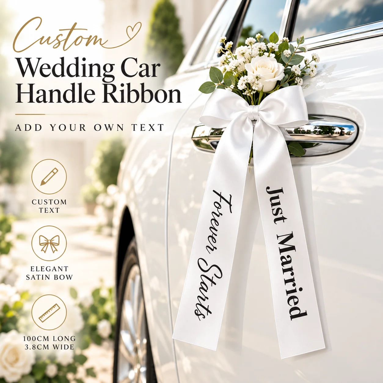 Custom Wedding Car Handle Ribbon, Personalized Text Satin Ribbon 100×3.8cm, Wedding Car Door Decoration