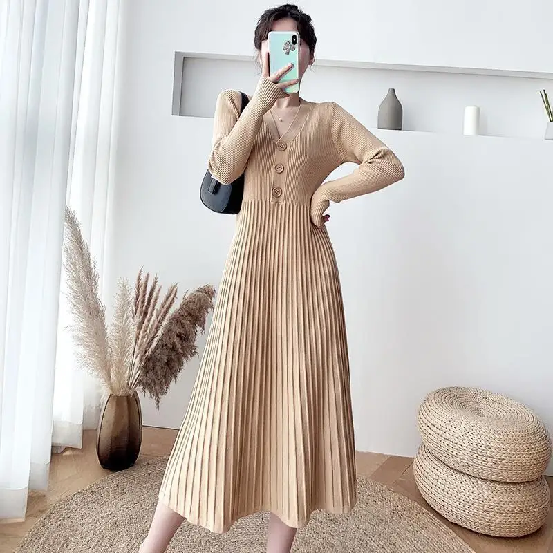 Women's Autumn Winter Dress 2023 New Fashion Elegant Waist Shrinking Bottom Long Sleeve Medium Length Sweater A-line Skirt