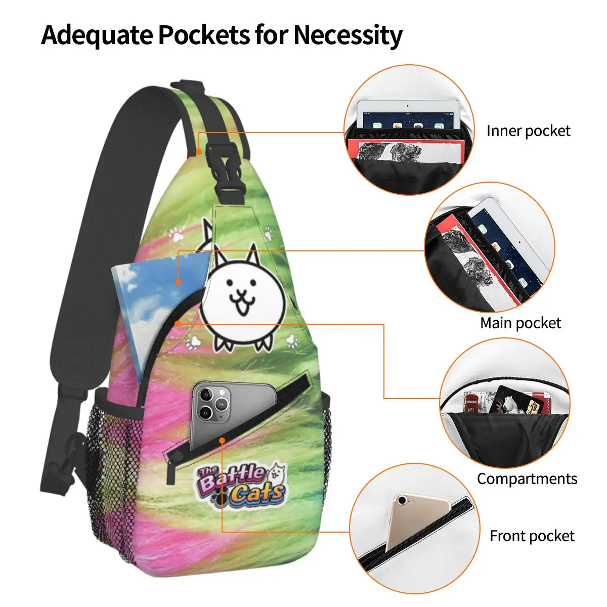 لطيف القطط المعركة الملونة حقيبة الصدر الرجال الرافعة Crossbody على ظهره حقيبة صدر للرجال السفر المشي لمسافات طويلة Daypack حقيبة كتف