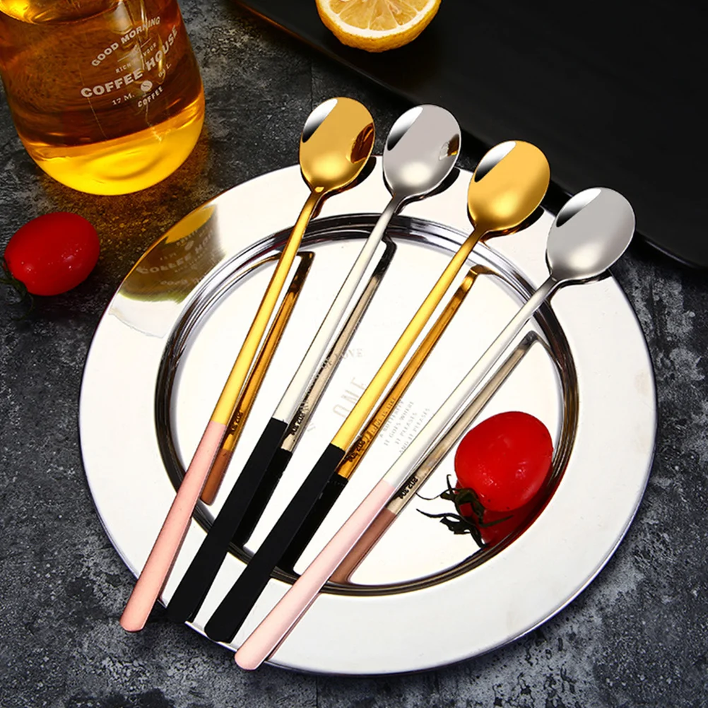 

4pcs Stainless Steel Ice Spoon Long Handle For Coffee Tea Dessert Serving Mixing Kitchen Gadget Condiment Sugar Seasoning Spoon