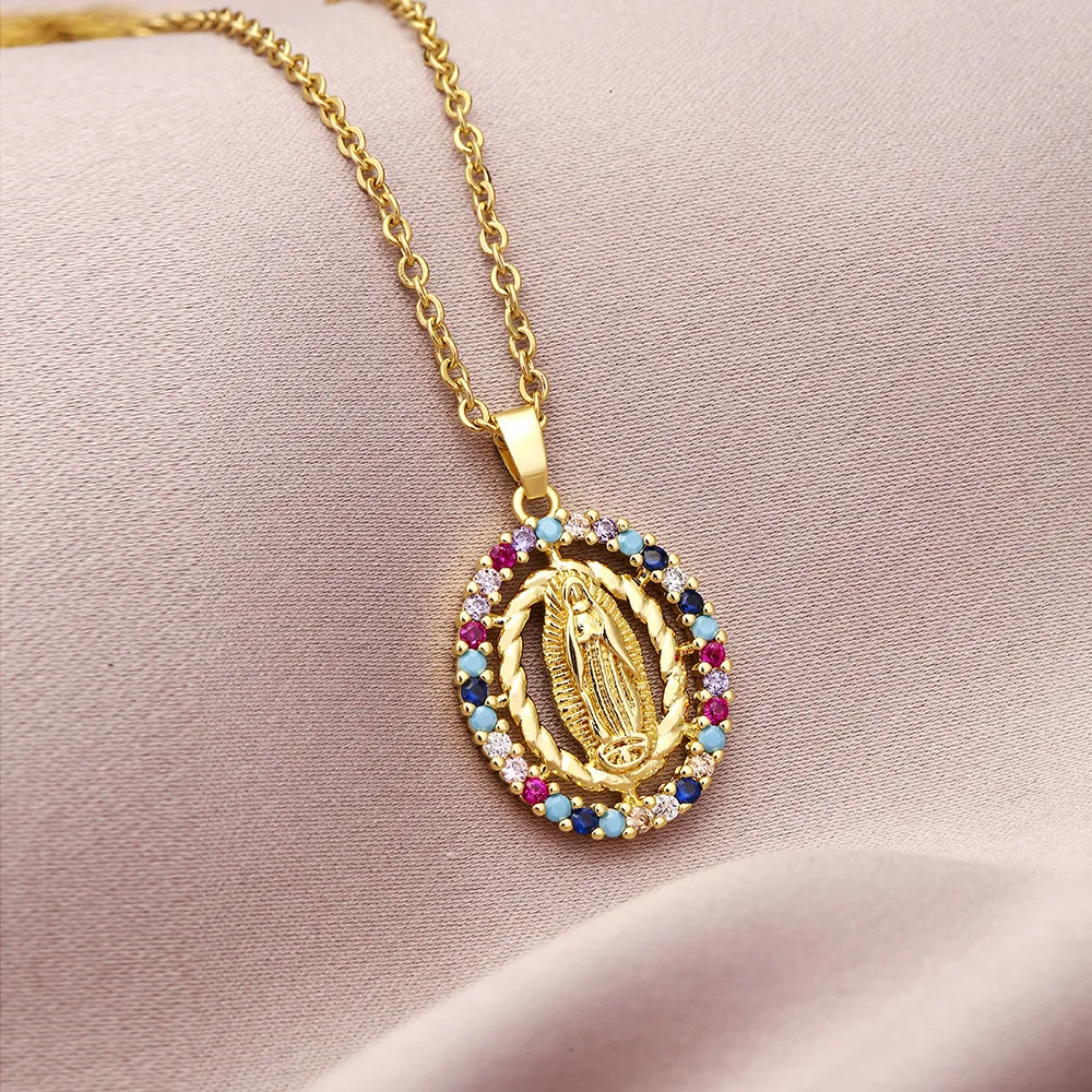 Virgin Mary Necklace For Women Colorful Zircon Elliptical Pendant Gold Color Chain Female Fashion Belief Prayer Party Jewelry