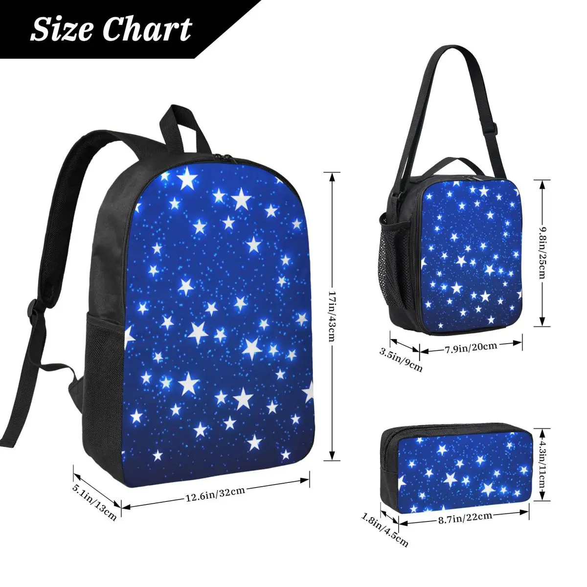 Navy Blue Sky And Stars Print Backpack Student BookBag School Bag Laptop Shoulder Bags 3ps Insulated Lunch Bag Pencil Case