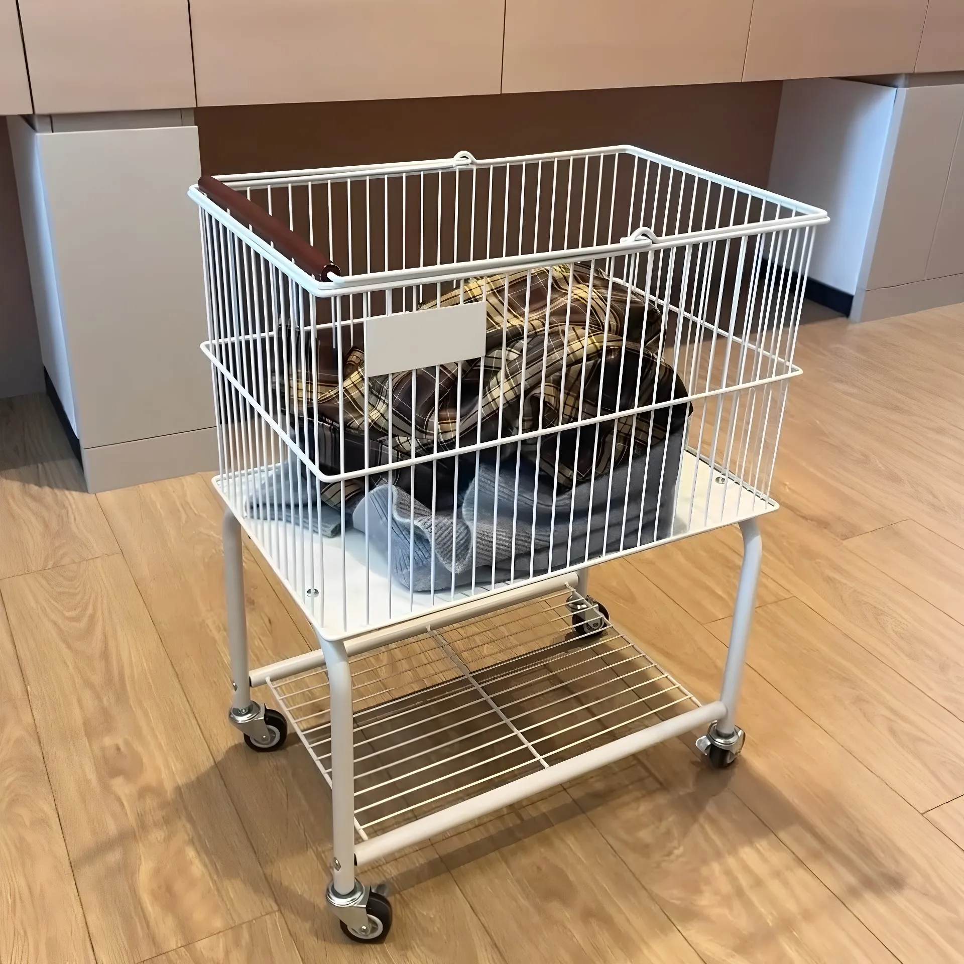 Home Use Laundry Basket Dirty Clothes Basket Mobile Laundry Hamper Small Cart Storage Rack Easy to Move Vintage Style