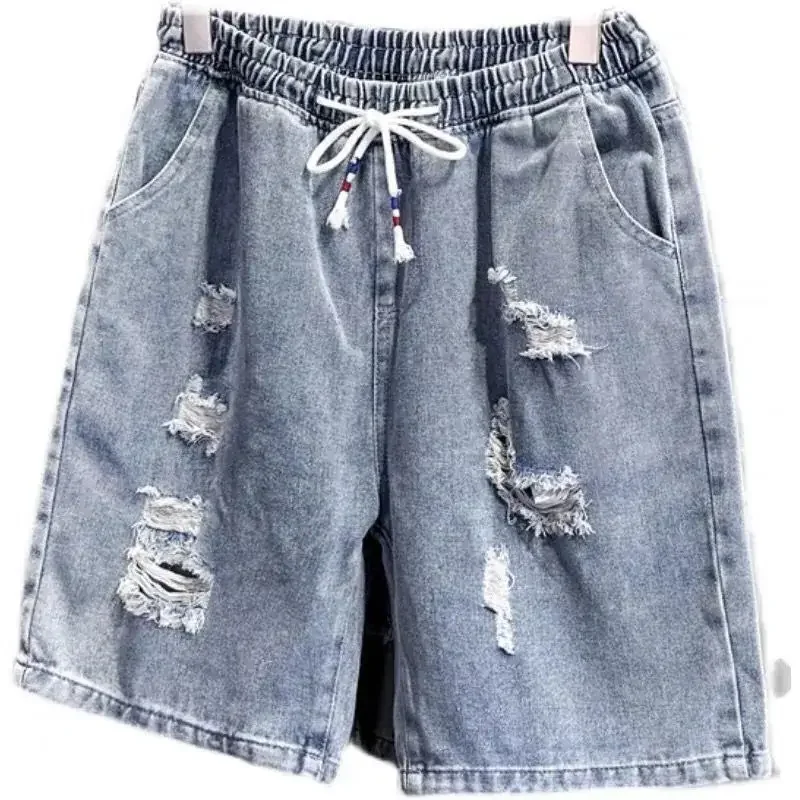 Bermuda longa com bolsos, larga, solta, meia calça jeans curta masculina, rasgada, shorts jeans, baggy, verão, stretchable, com zíper