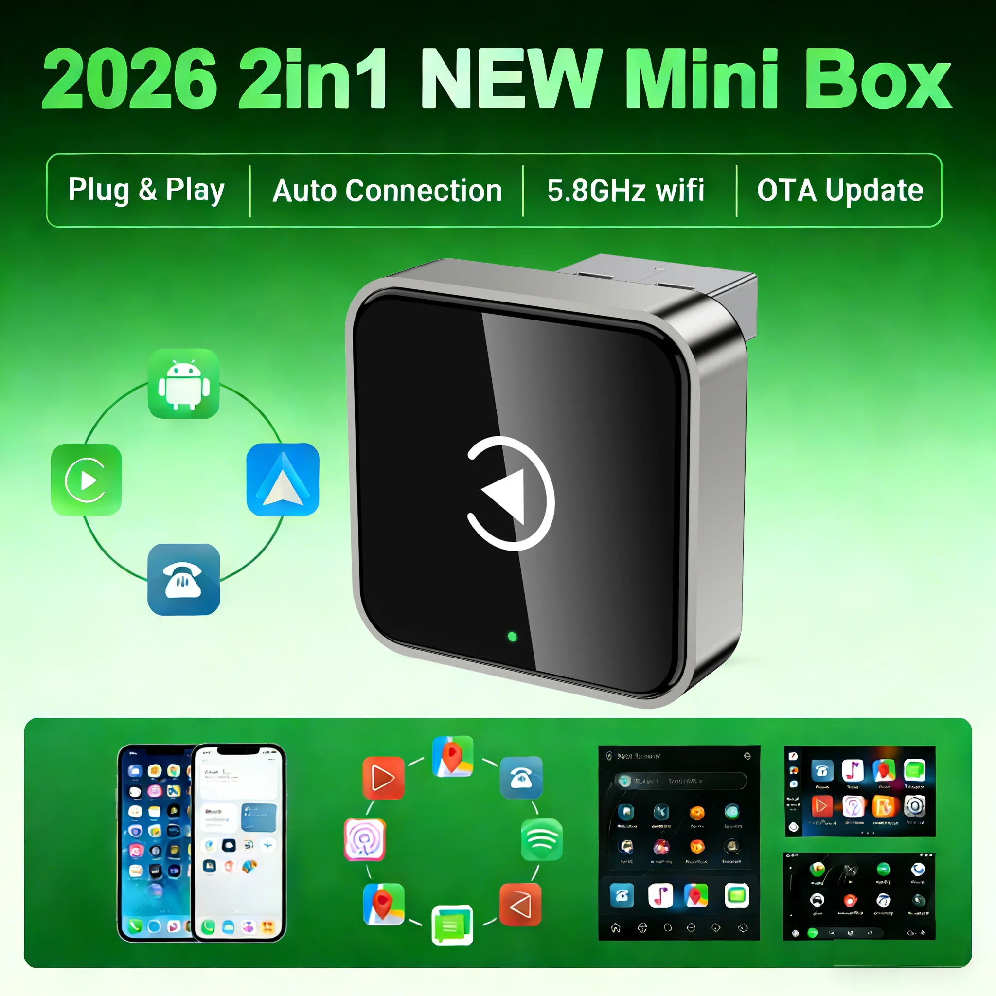 

2026 Ultra-Mini 2-in-1 CarPlay Adapter | Wireless Android Auto Dongle for Factory Wired Vehicles – Audi Kia Mazda Toyota Fordetc