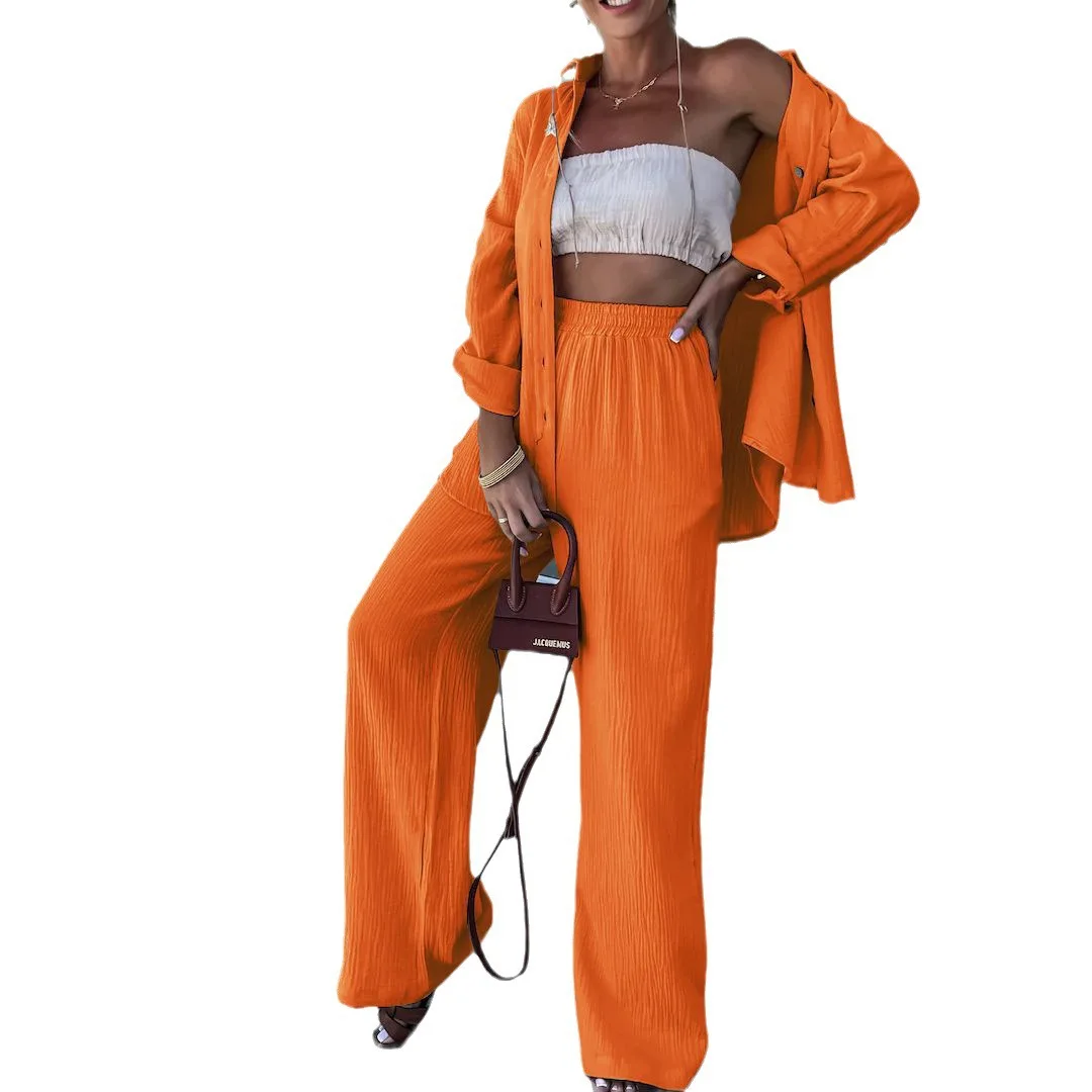 

2025 New Fashion Button Lapel Top + Wide Leg Pants Two-piece Sets Women Autumn Casual Loose Top And Pants Suit For Women