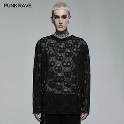 PUNK RAVE Men's Punk Daily Wear Skull Mesh Long Sleeve Loose T-shirt Gothic Fashion Casual Tees Spring Autumn Men Clothing