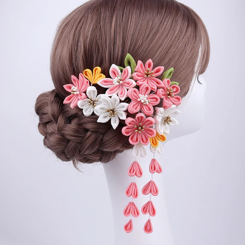 Japanese Handmade Fabric Flower Hair Accessories Clip Tassel Kimono Hairpin Headdress Geisha Barrette Japanese Festvial Hairpins