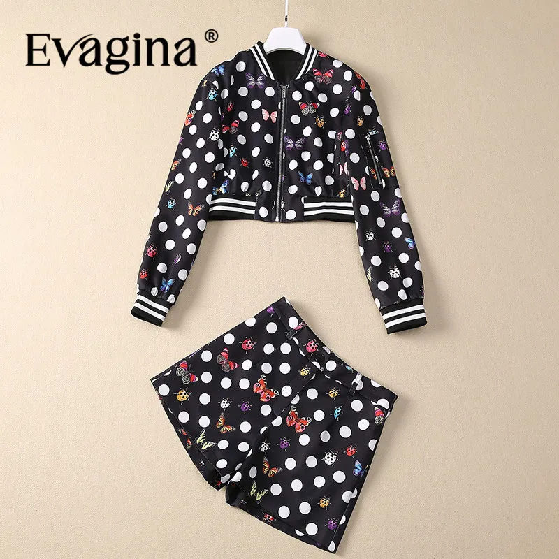 Evagina Summer Women's Suit Stand Collar Long-Sleeved Tops+Casual Mini shorts Dot Butterfly Print Two Piece Set