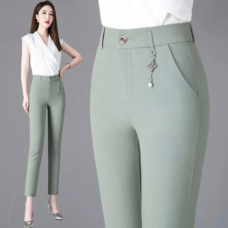 

Office Lady All-match Cotton Linen Pencil Pants Women Solid High Waist Fashion Casual Female Straight Trousers N64