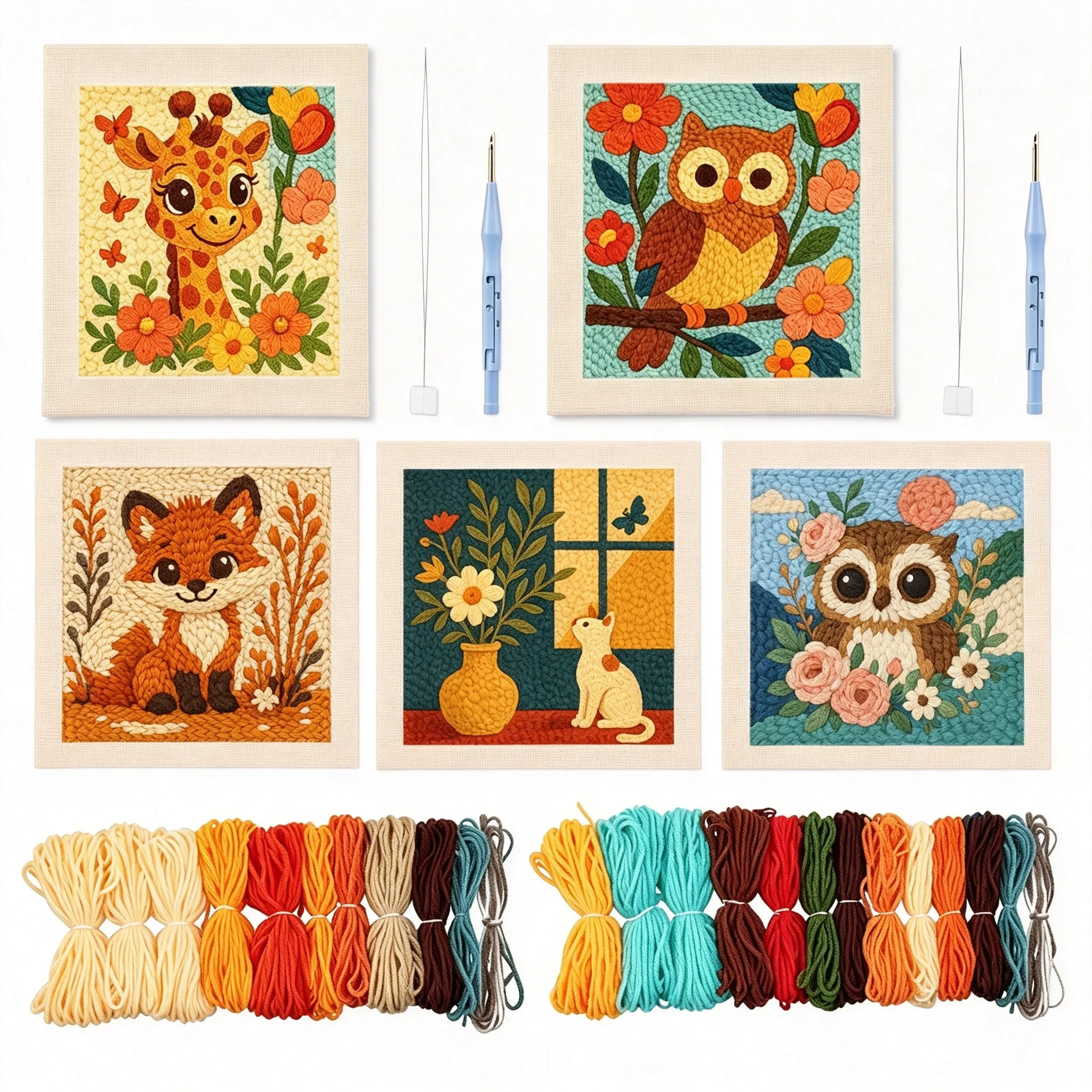 Punch Needle Kit - DIYパンチニードルキット 可愛い猫と花柄 簡単パンチニードル刺繍セット 初心者向け フープ付き スタンプパターン付き