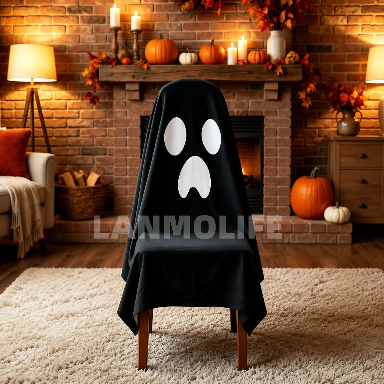 HalloweenHorror Party Dining Chair Cover,Black White HornsDemon Ghost Chair Cover,Tongue Out Playful Ghost Dustproof Chair Cover