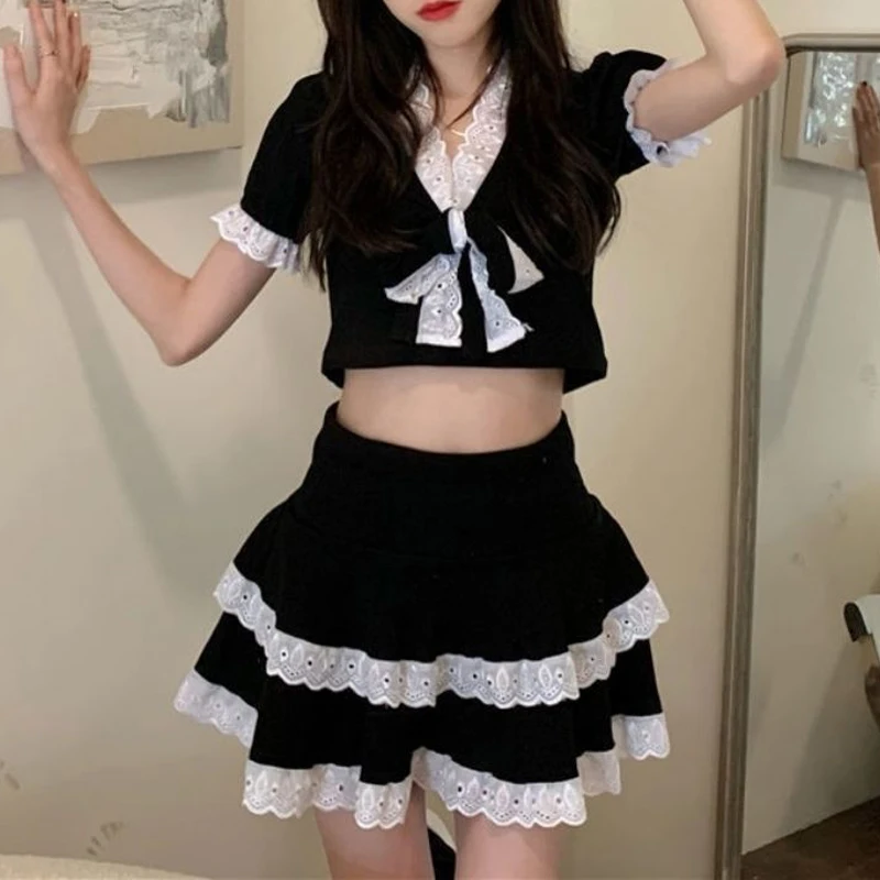 2 Piece Sets Women Summer Sexy Sweet Kawaii Bow Lace Patchwork Short Sleeve Crop Tops Y2K Student Party A Line Mini Skirt Outfit