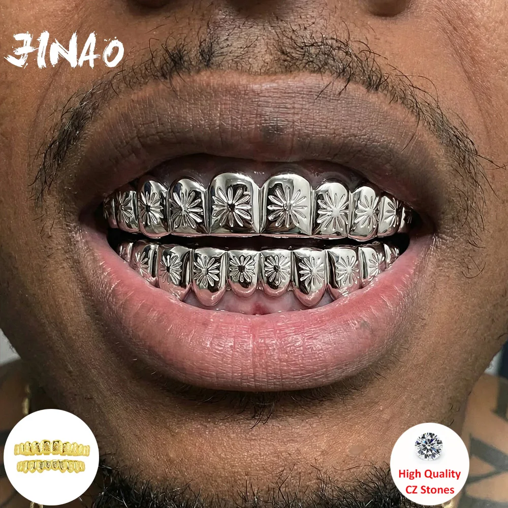 JINAO Hip Hop Smooth surface long 12Teeth Grillz set Men Women Top&Bottom shinny Sun Flower Grill Punk Rapper Christmas