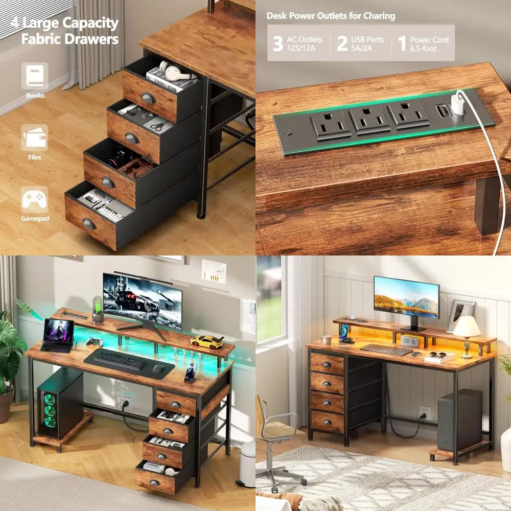 

Игровой стол из ткани в деревенском стиле, коричневый, 47 дюймов, с подставкой для монитора, светодиодной подсветкой, розетками, компактный стол для домашнего офиса