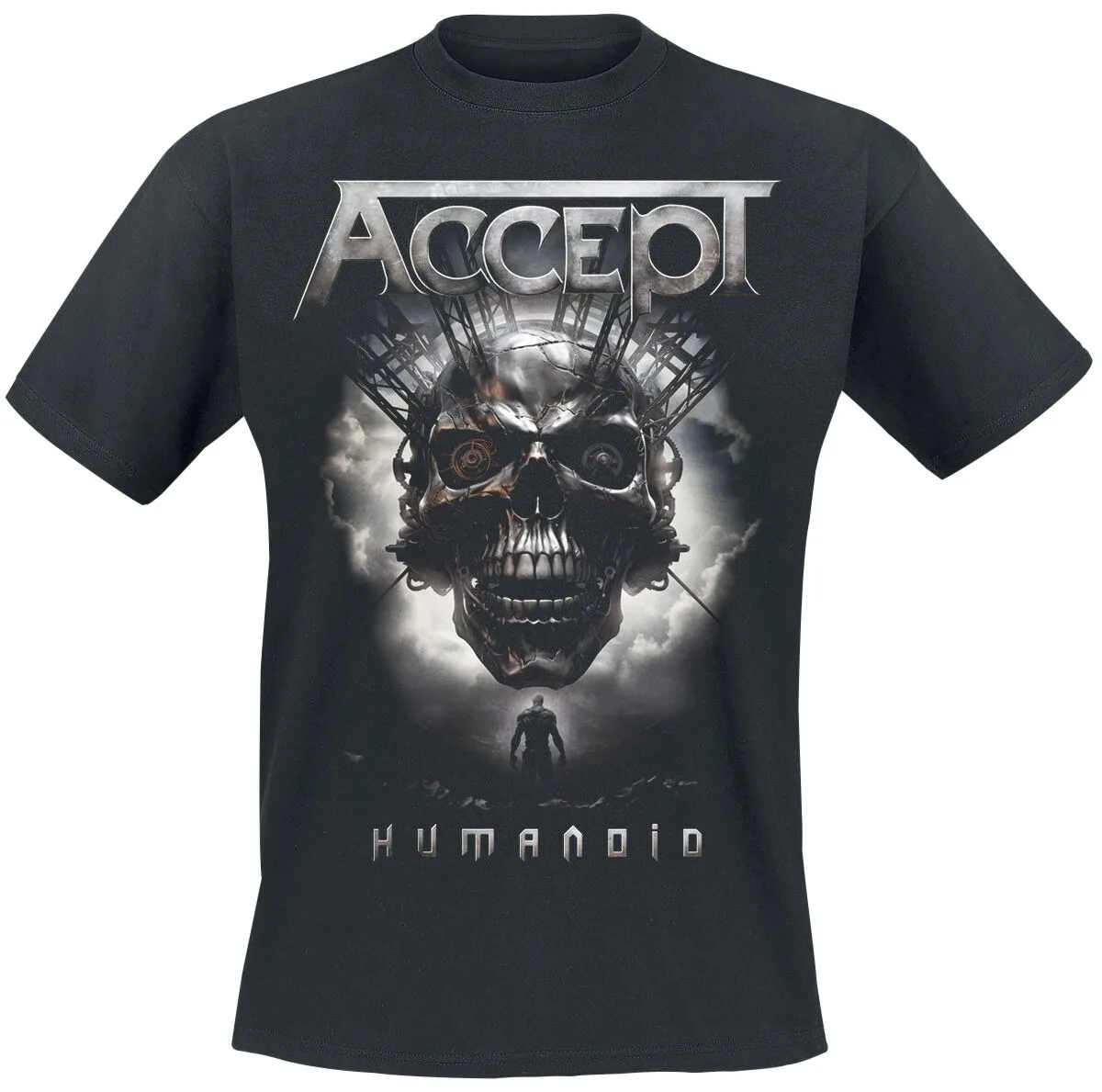 Accept Humanoid Mechanical Skull Print Black Cotton T-shirt Men Heavy Metal Unisex Tee