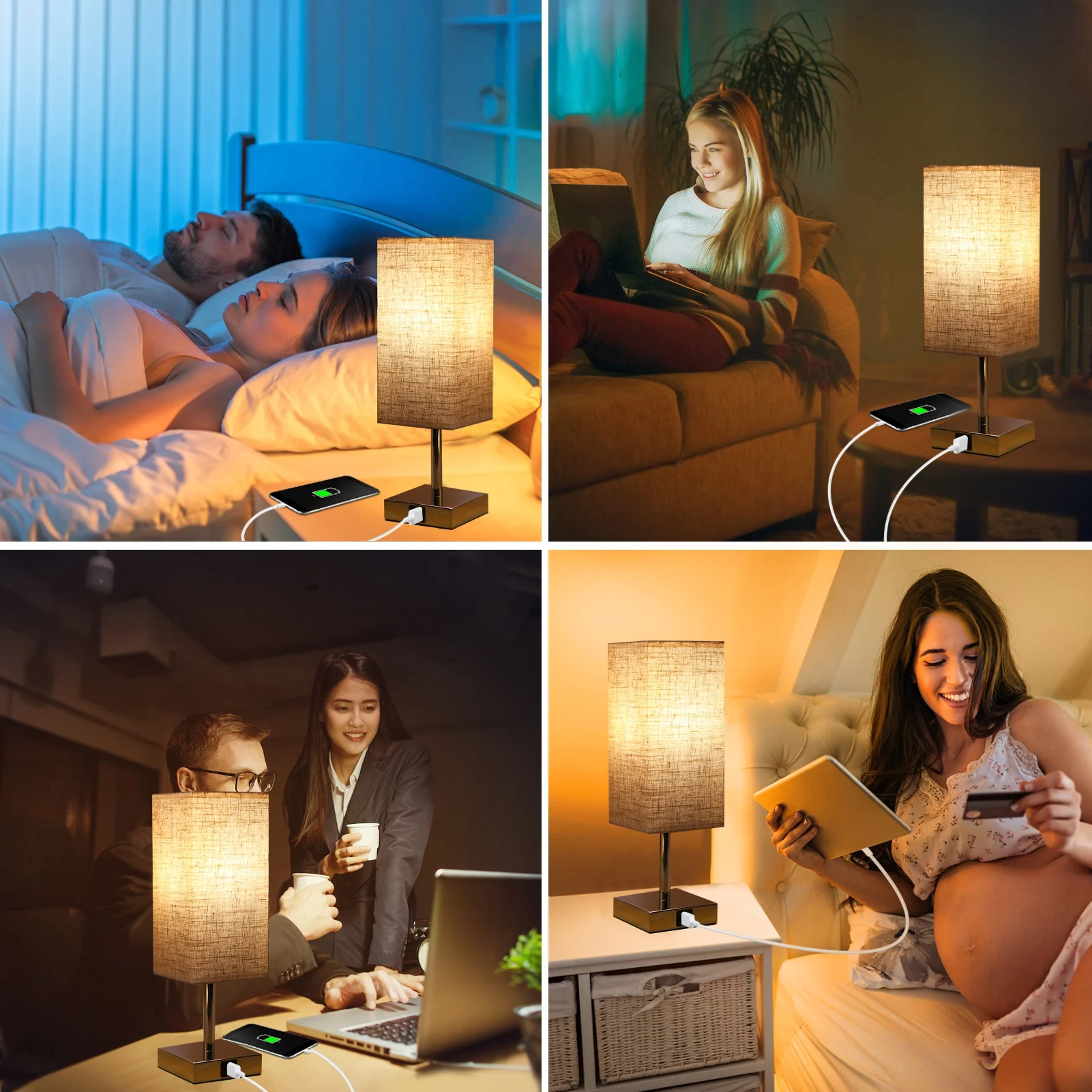 2 حزم من القماش مصباح طاولة بجانب السرير منضدة مع لمبة LED بيضاء دافئة مكتب ضوء التحكم باللمس USB A نوع C منافذ شحن #6