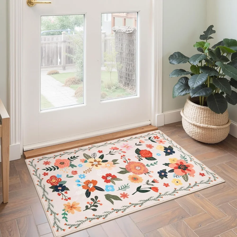 For AMERICAN Style Botanical Floral Pattern Doormat Washable Non Slip Floor Mat with Plush Faux Wool for Indoor Use