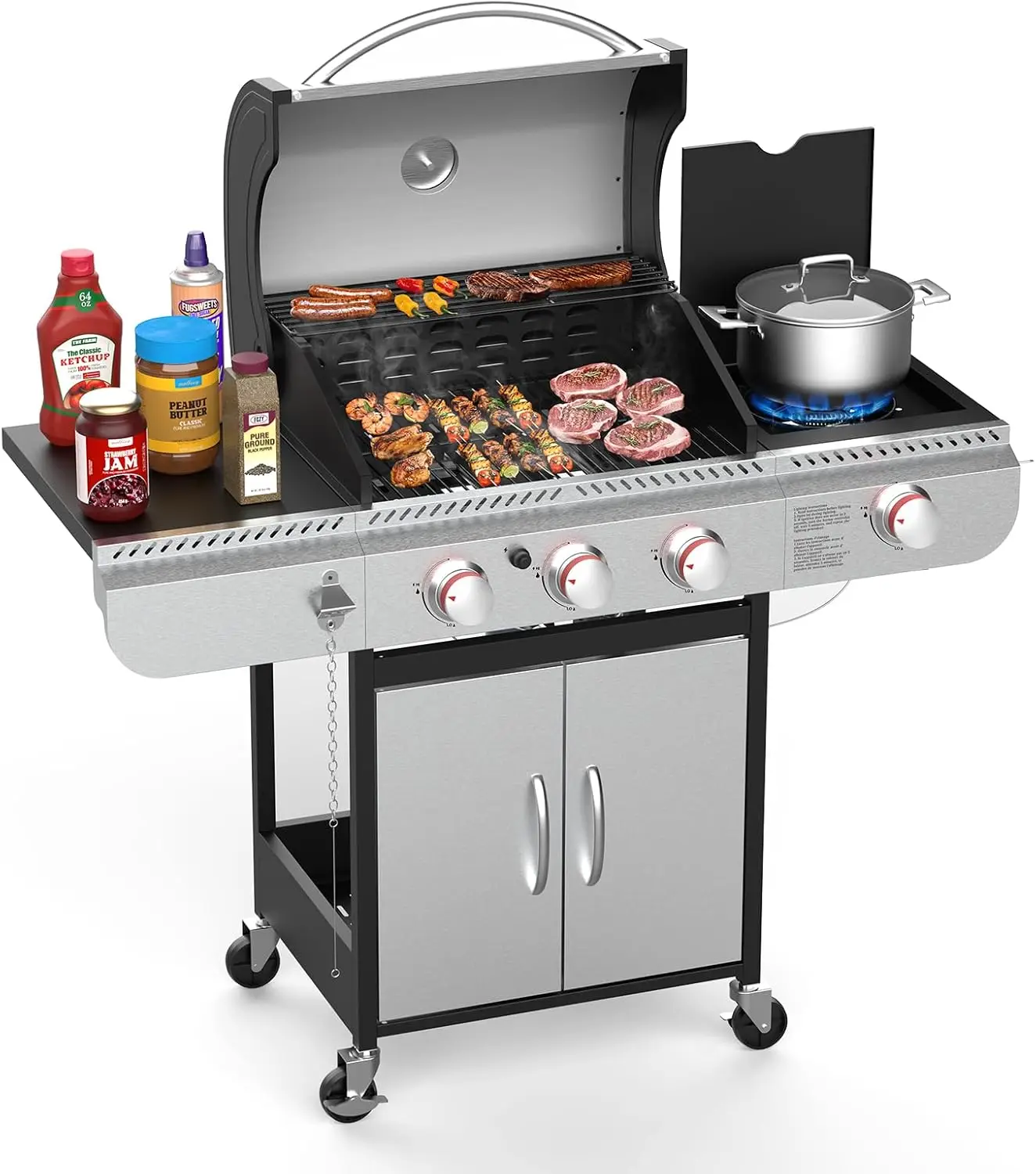 3-Burner Propane Gas Grill with Side Burner,Stainless Steel BBQ Grill with Porcelain-Enameled Cast Iron Grates