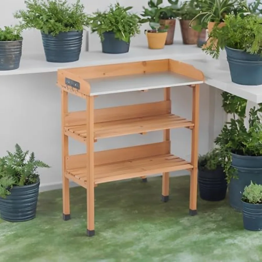 Potting Bench with Metal Tabletop 3-Tier Outdoor Potting Table for Garden Solid Wood Workstation with Hooks for Garage Light Br