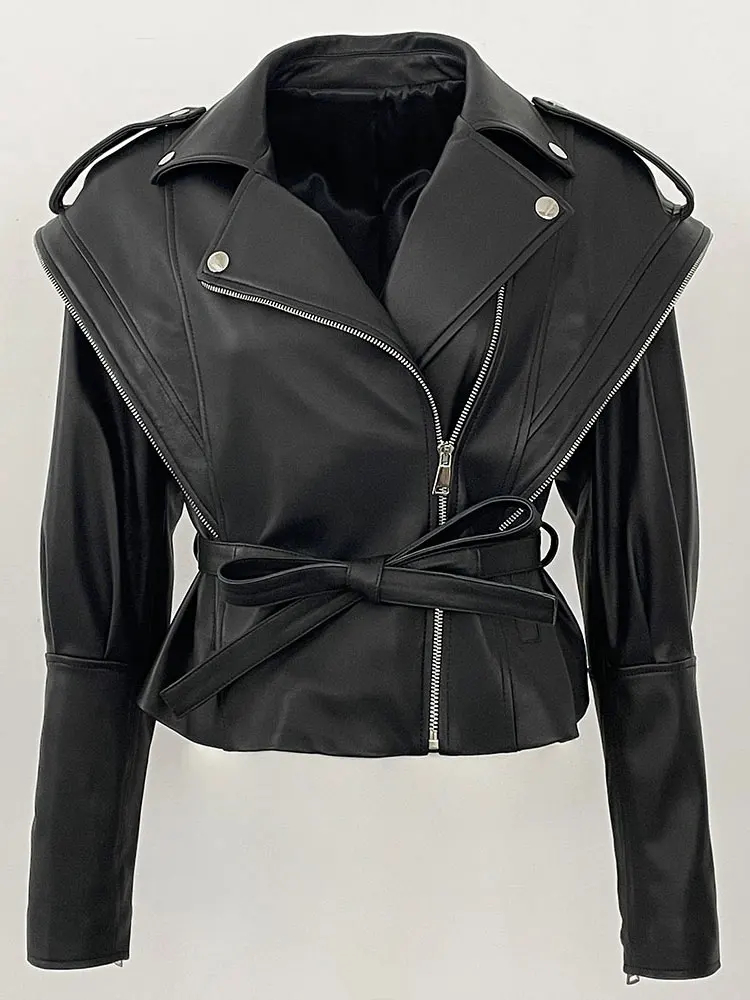 2025 سترة جلد الغنم الحقيقي تصميم السائق سترة جلدية الخريف الكتف سترات من الجلد سيدة سترة جلدية حقيقية النساء #1