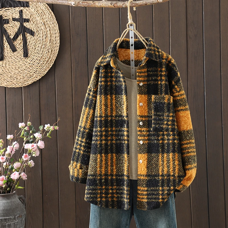 الكورية Sle عارضة Thiened منقوشة فضفاضة تناسب ملابس خارجية هونغ كونغ Sle معطف الصوف زر واحد طويل Sve البوليستر القطن...