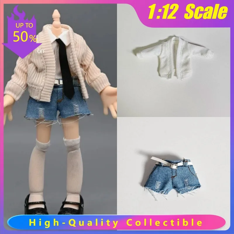 

1/12 Scale Fashion Female Soldier Cardigan Sweater Jacket Ripped Denim Shorts JK Set for 6'' Toy Figures Bjd Ah Si Fairy Body