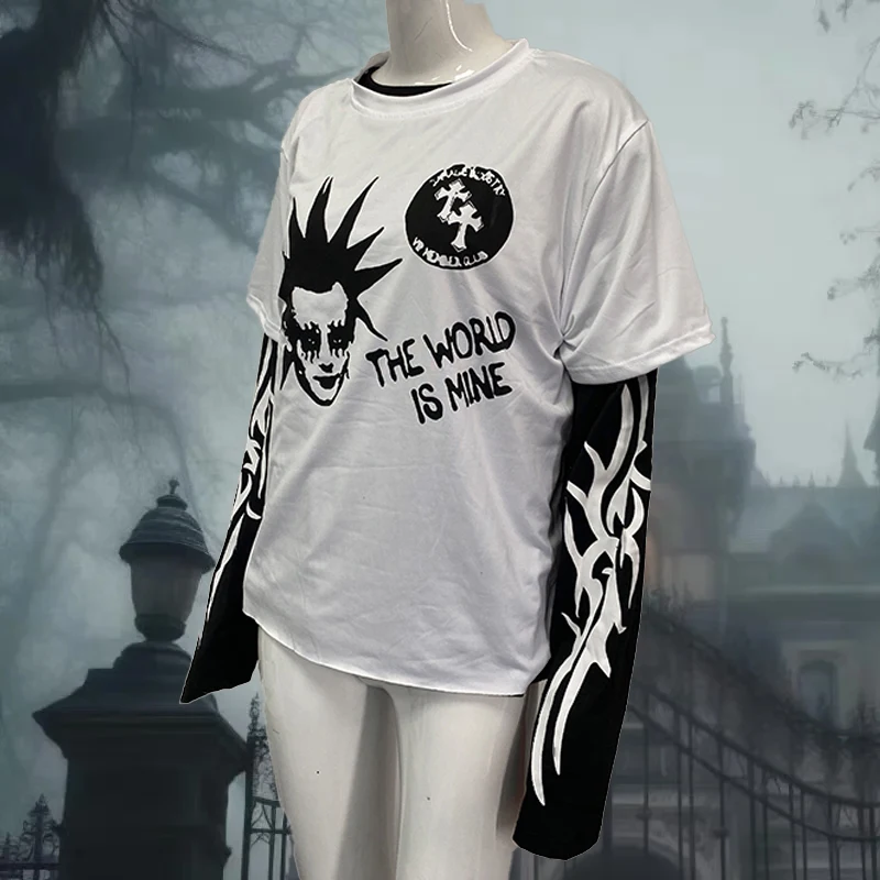 

Y2K Gothic EMO Two Piece T-shirt Set Subculture Gothic Punk Rock Top Metal Punk Non Traditional Cultural Trend T-shirt