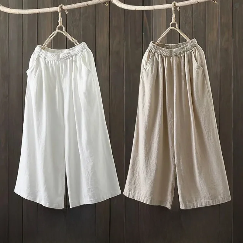 

Women's Cotton Linen Wide Leg Pants Summer Loose Artistic Retro Straight Casual High Waist Harlan Long Trousers