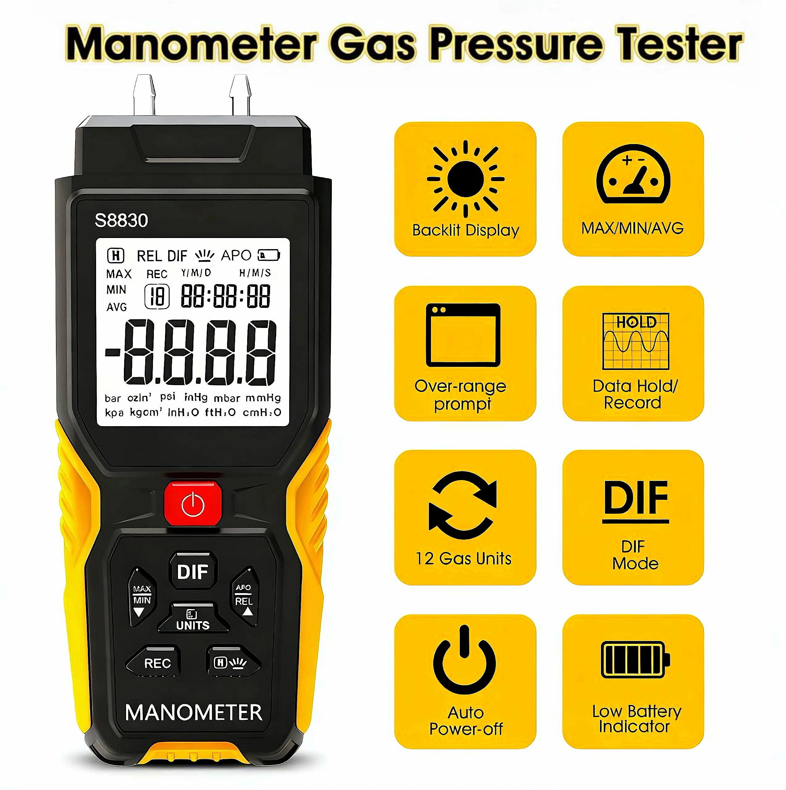 

Pressure Gauge Digital Differential Pressure Gauge ±36.80 KPa, 0.1 Resolution 12 Selectable Units Differential Pressure Gauge
