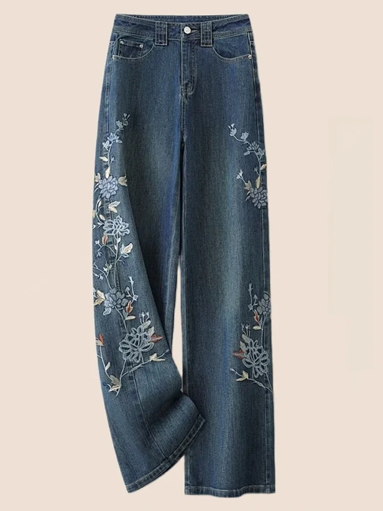 

Джинсы из джинсовой ткани с высокой талией и вышивкой, свободные брюки прямого кроя длиной до пола для женщин, модные осенние новые брюки