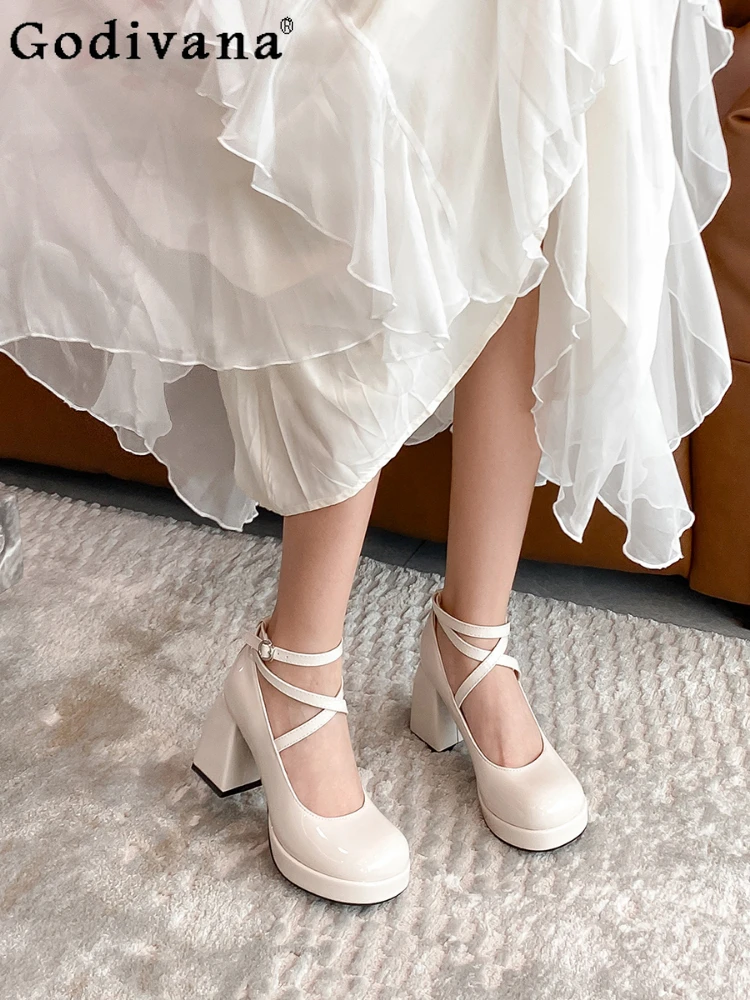 

Fashion Solid Color Women Mary Jane Shoes High Heels Spring Autumn Korean Style Sweet Elegant Cross Strap Round Toe High Heels