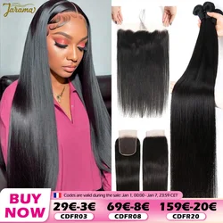 Straight Human Hair Bundles With Closure Bundles With Lace Frontal 100% Brazilian Human Hair 4x4/13x4 Transparent Lace Closure Frontal Natural Human Hair Women Fast Delivery 3 Days France