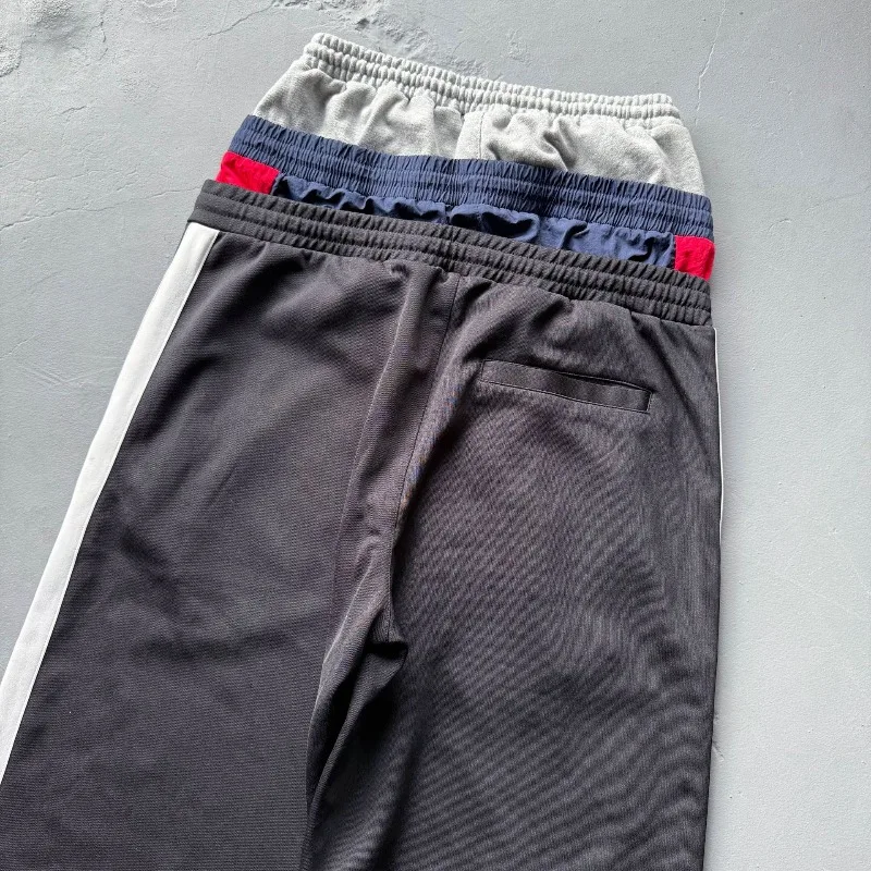 Falso três pés cintura design listra projeto g/r calças cruzadas bordado etiqueta das mulheres dos homens soltos calças de moletom casuais jogger