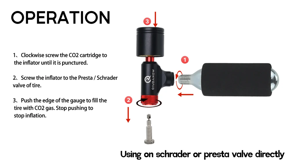 Fahrrad-CO2-Pumpe, Mini, tragbar, handbetrieben, schnelle Reifenpumpe mit Manometer für MTB- und Rennräder, passend für Schrader- und Presta-Ventile – Detail 4