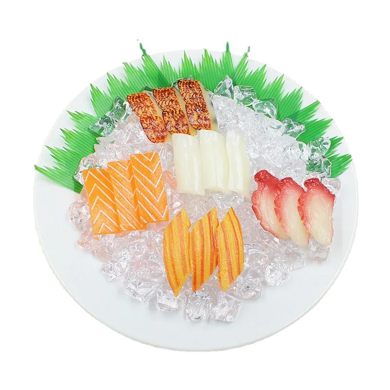 Plato de comida japonesa Sashimi, almeja ártica de salmón, pulpo, Anguila, modelo de comida simulada, Mini juguetes, accesorios de fotografía, decoración divertida, regalo