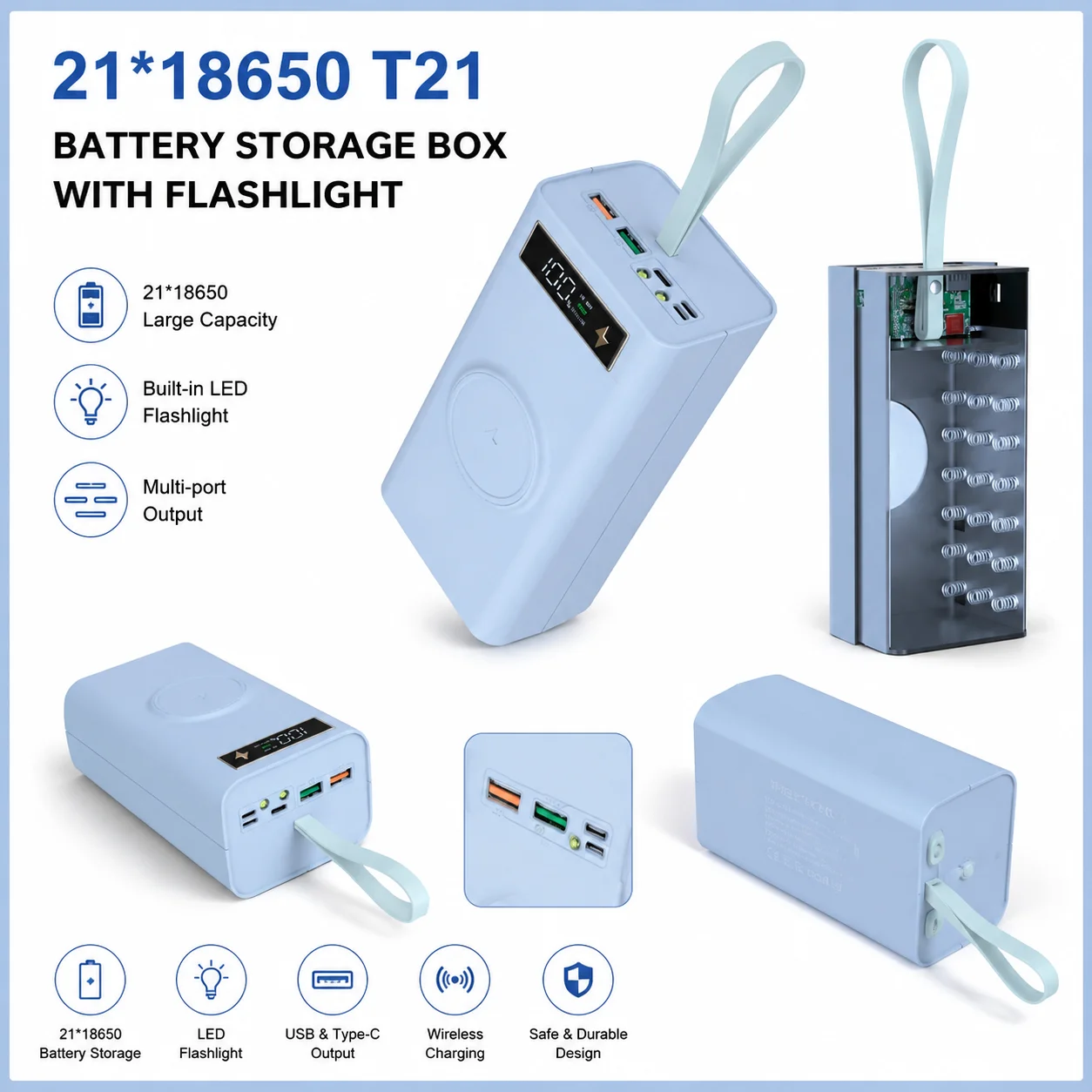 21*18650 T21 Battery Storage Box with Flashlight Power Bank Case Battery Holder Box Dual USB 18650 Battery DIY Shell Storage