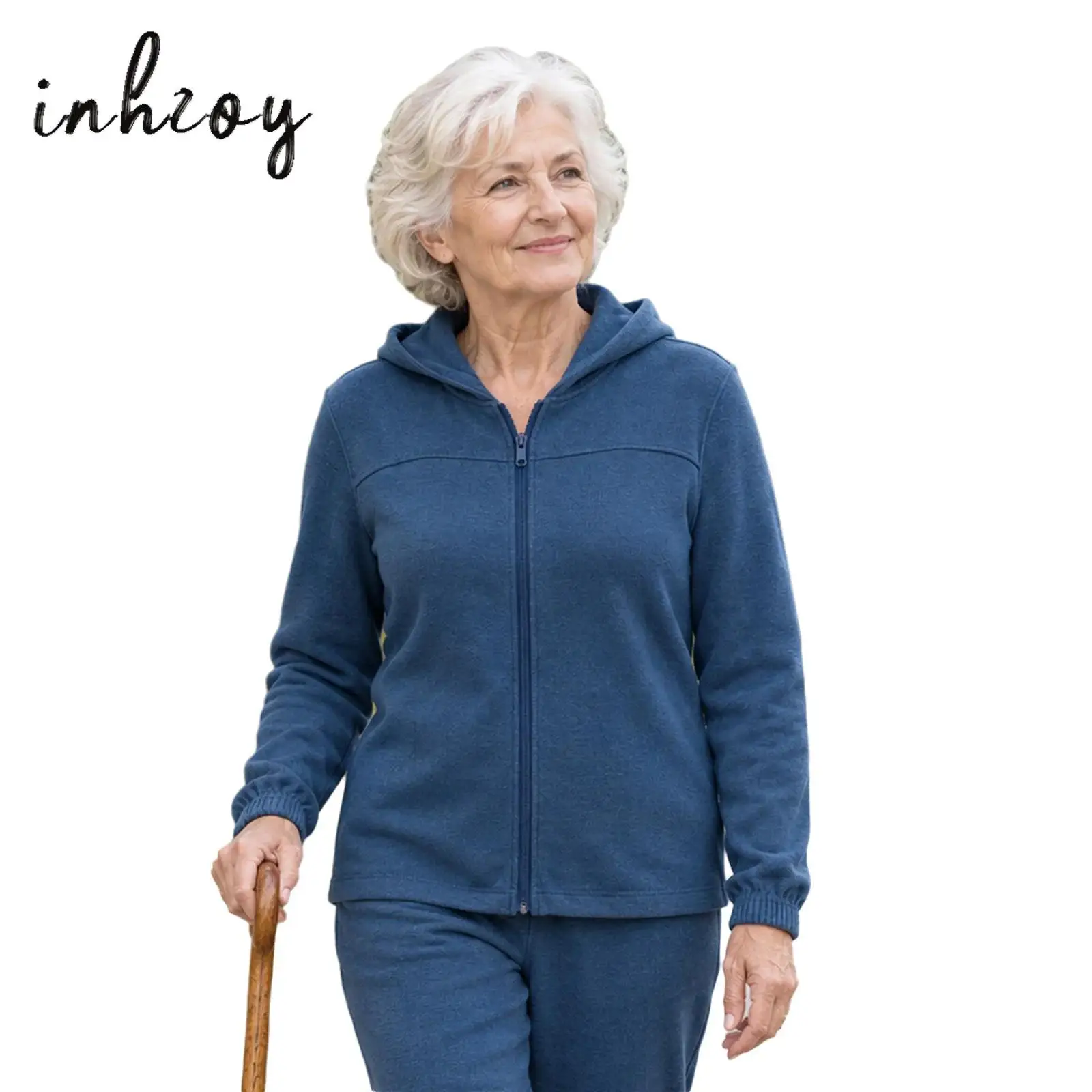 Womens Elderly Adaptive Knit Cardigan Front Zipper Long Sleeve Hooded Outerwear Assisted Dressing Coat Special Needs Clothes