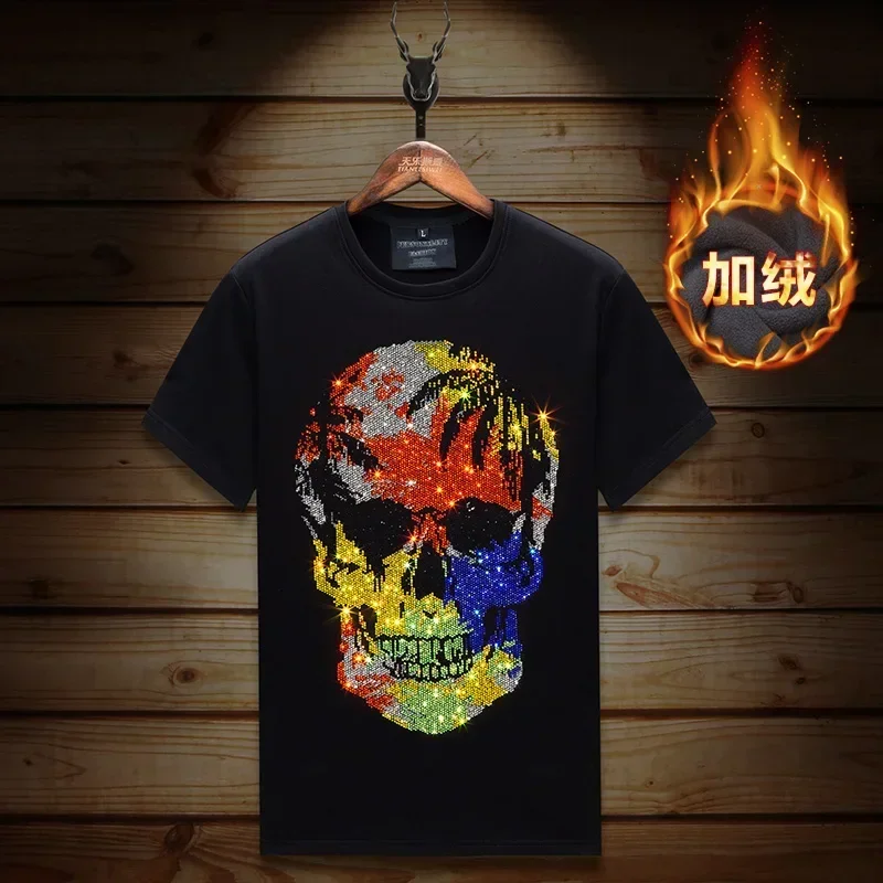 

Plus Size Colorful Rhinestones Skull T Shirt for Men Winter Thick Velvet Streetwear Casual Short Sleeve O Neck Slim T-shirts Man
