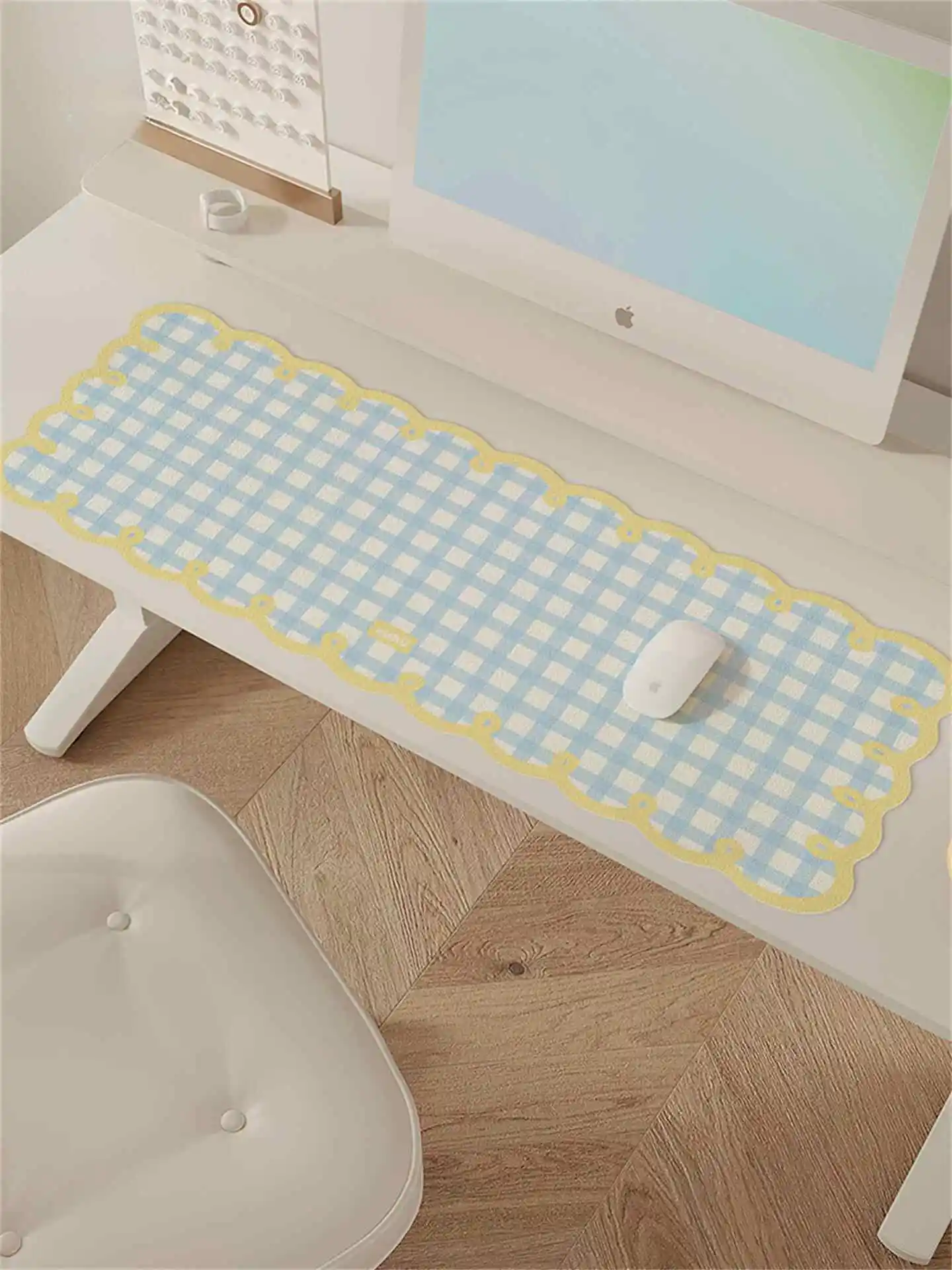 New Ins Style Blue Grid Pattern Scalloped Desk Mat PU Waterproof Mouse Keyboard Pads Sweet Y2K Computer Desk Pad For Office Home