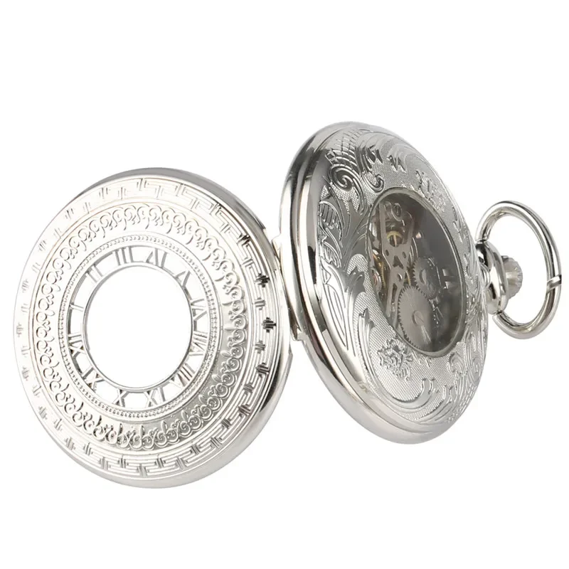 Luxury Silver Mechanical Pocket Watch Unisex Hand Winding Roman Numerals Display Pendant Chain Skeleton Clock Souvenir Gifts