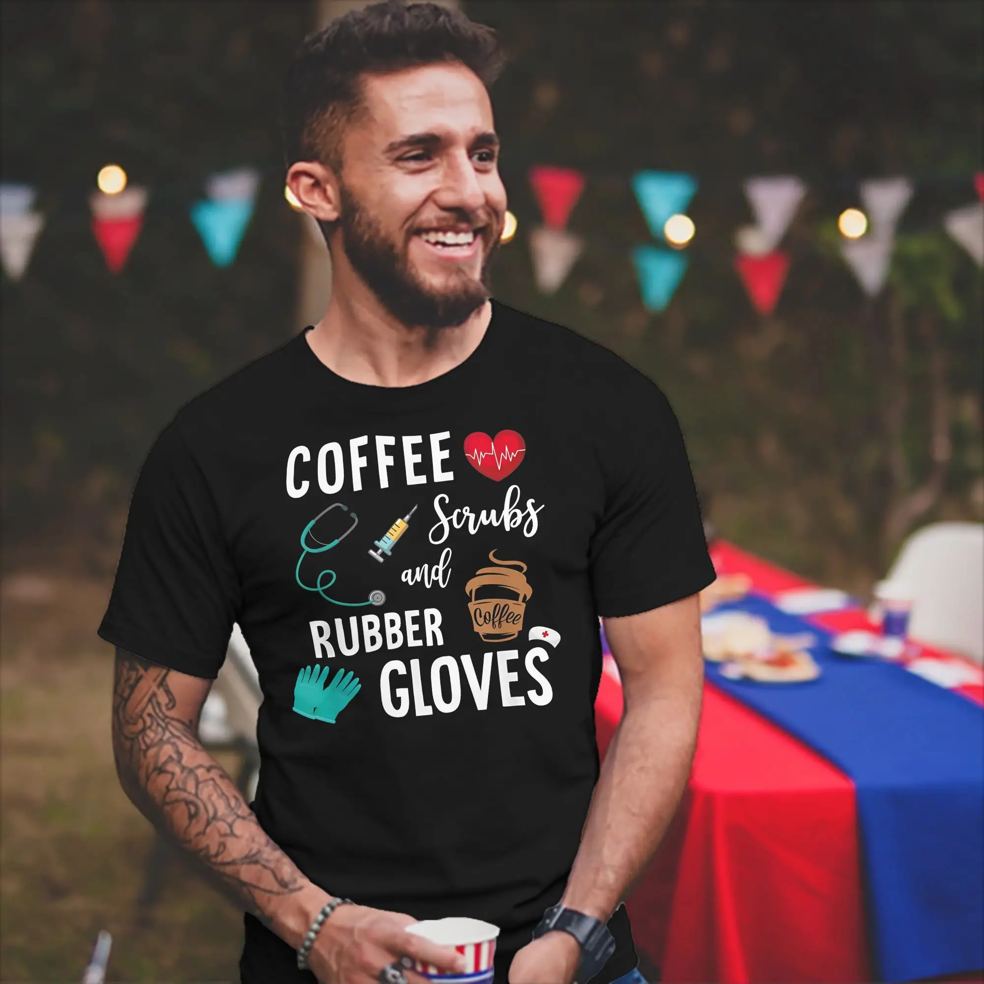 Coffee Scrubs And Rubber Gloves Medical Nurse Quote  T Shirts Men Cotton T-Shirts Round Collar Tee Shirt Short Sleeve Tops Gift
