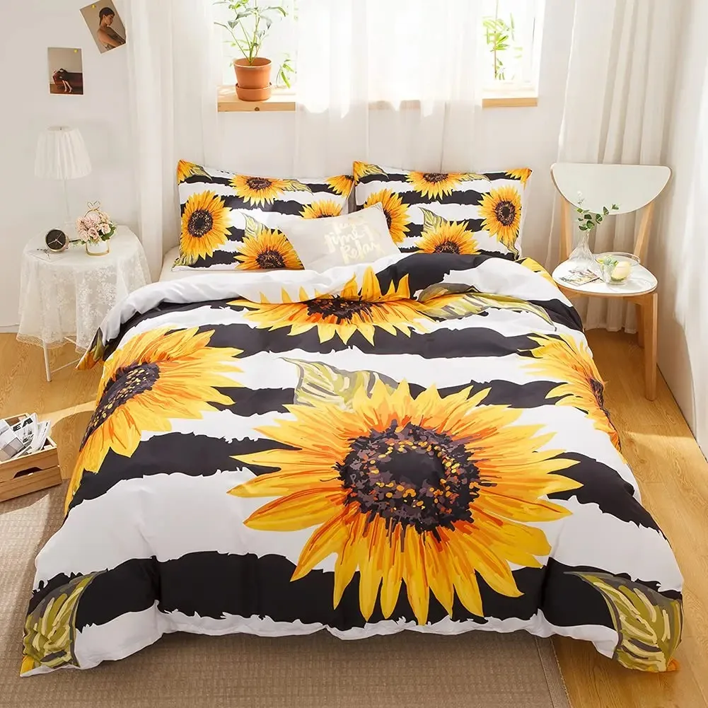 

Sunflower Duvet Cover Set Striped Bedding Sets Black Stripes Yellow Sunflowers Design White Black Boys Girls Quilt Cover Queen