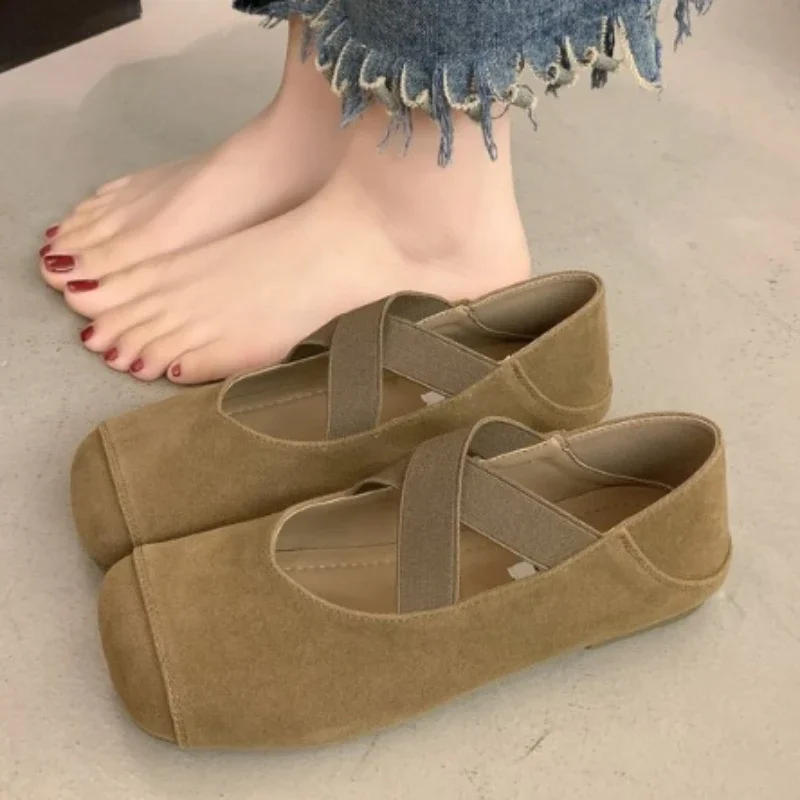 2024 New Solid Color Cross Elastic Mary Jane Sandals Retro Flat-soled Ballet Sandals for Women Outdoor Spring Summer and Autumn