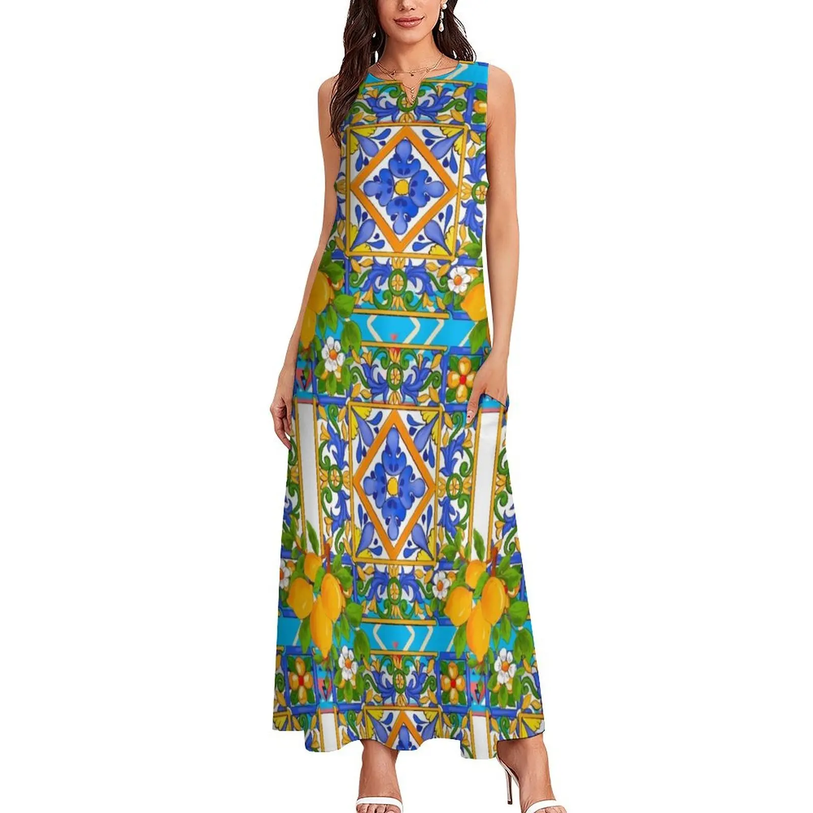 Summer ,Sicilian tiles ,citrus,lemons ,majolica Mediterranean Long Dress evening dress ladies dresses for prom