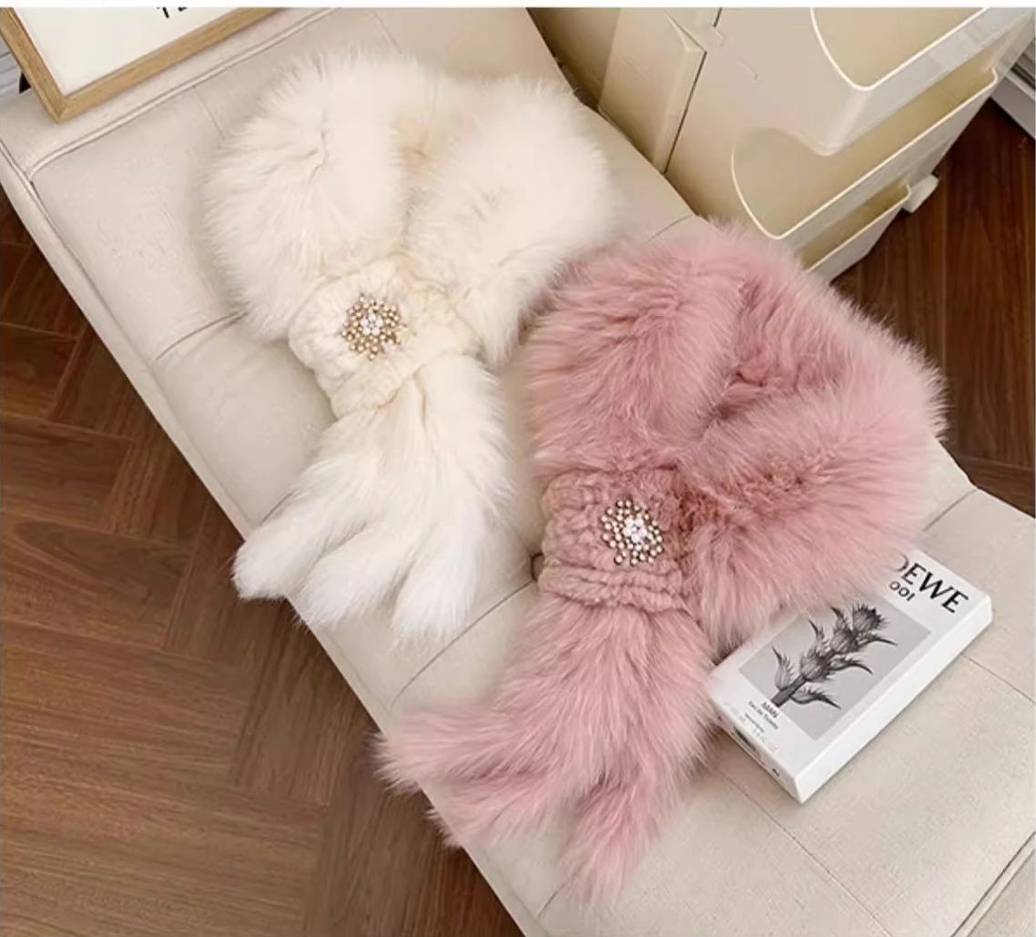 

Японский милый зимний теплый женский двусторонний тканый меховой шарф из лисьего волоса, манжета из волос кролика рекс, шарф с кисточками из натуральных волос для женщин