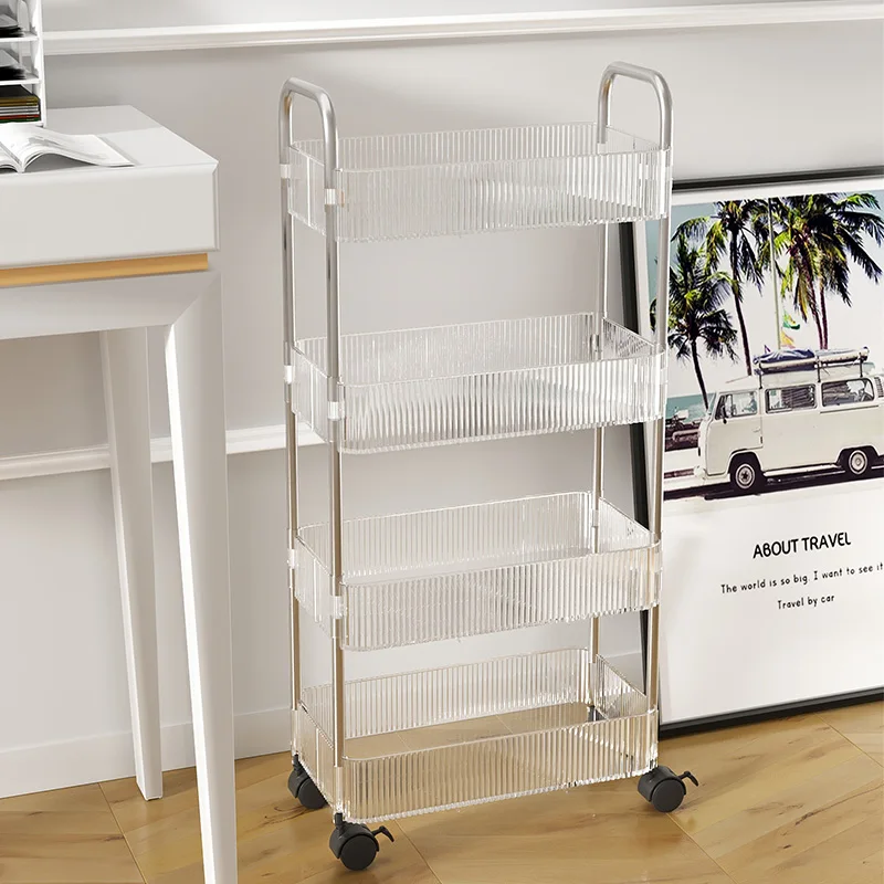 Nordic Transparent Acrylic Bookshelf Storage Rack Floor Movable Wheeled Handcart Snacks Miscellaneous Items Organization Holders