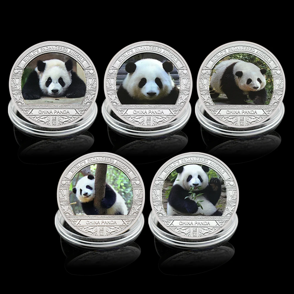 

5pcs/set Silver Plated National Treasure Protection Animal Panda Commemorative Coin Souvenir Metal Medal Badge Fan Gift