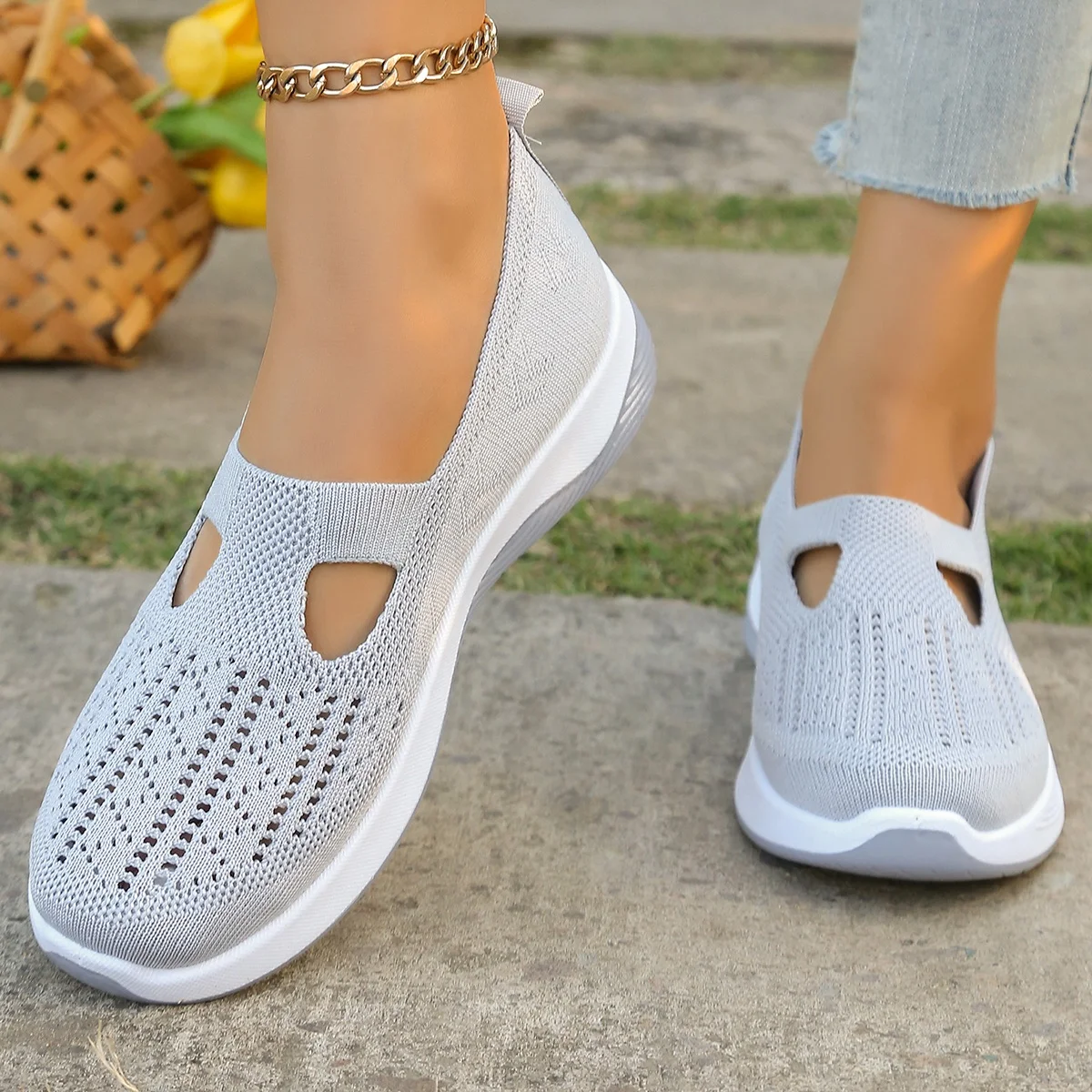 Women's Hollow Knit Mesh Slip On Sneakers, Orthopedic Comfortable Walking Shoes, Casual Flats for Elderly image 6